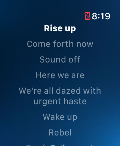 Pixie lyrics screen on Apple Watch