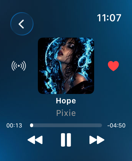 Pixie now playing screen on Apple Watch
