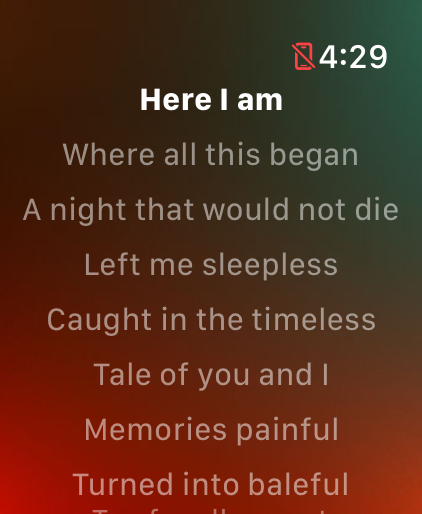 Pixie lyrics screen on Apple Watch